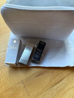 Dior White Quilted Cosmetic Pouch with Mini Skincare & Lipstick Set